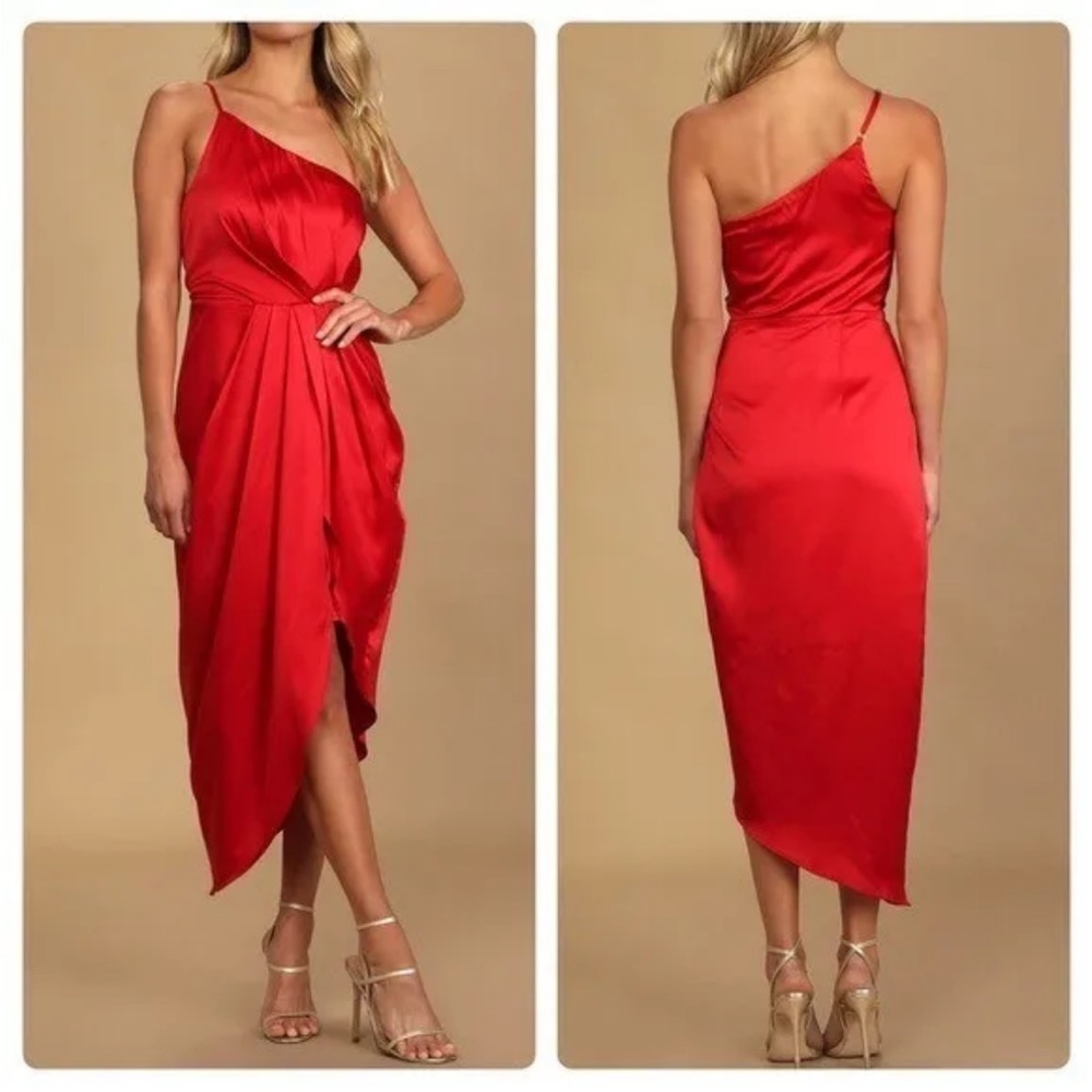 Womens New Lulus Law of Attraction Red Satin One-Shoulder Asymmetrical Midi Dres